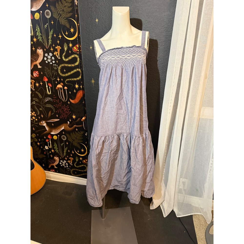 Current Elliott Blue Chambray Smocked Midi Dress Embroidered Cottagecore Size 1